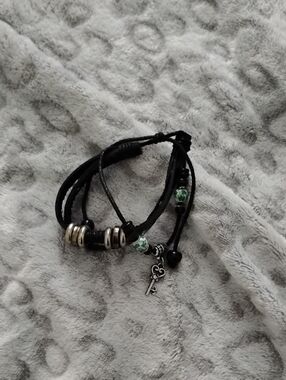 Black Leather Multi-Strand Bracelet with Key Charm and Green Beads